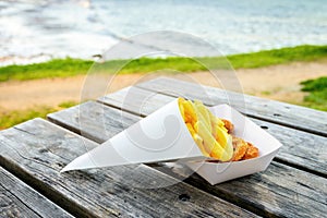 Calamari rings with chips on the table