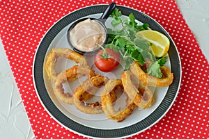 Calamary rings fried with spicy souce and rocca. Mediterranean lifestyle. Healthy food