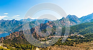 Calanques de Piana and Piana village in Corsica, France