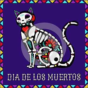 Calavera cat on a purple background with a frame and the inscription Dia de Muertos photo