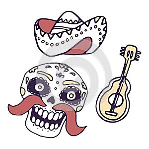 Calavera and guitar on white isolated backdrop