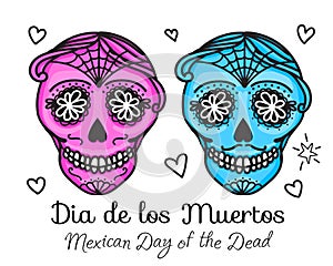 Calavera sign Dia de los muertos. Mexican Day of the dead. Vector hand darwing illustration woman and man sticker