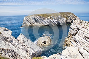 Calcareous rock formations in the Atlantic Ocean in the far north of the Baleal isthmus, Peniche, Portugal