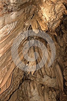 Calcite deposits, speleothems, created by drippling water at the cave wall
