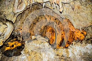 Calcite inlets, stalactites and stalagmites in large underground halls in Carlsbad Caverns National Park, New Mexico. USA photo