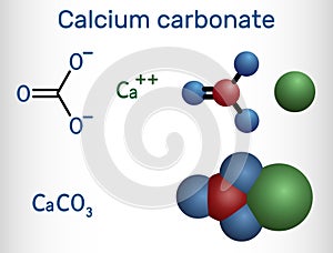 Calcium carbonate molecule. It is an ionic compound, the carbonic salt of calcium CaCO3, calcium salt, Food additive E170.