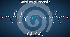 Calcium gluconate C12H22CaO14 molecule, is used as mineral supplement for the treatment osteoporosis, rickets, hypocalcemia.