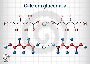 Calcium gluconate C12H22CaO14 molecule, is used as mineral supplement for the treatment osteoporosis, rickets, hypocalcemia.