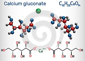 Calcium gluconate C12H22CaO14 molecule, is used as mineral supplement for the treatment osteoporosis, rickets, hypocalcemia.