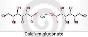 Calcium gluconate C12H22CaO14 molecule, is used as mineral supplement for the treatment osteoporosis, rickets, hypocalcemia