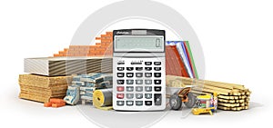 Calculating materials costs. Set of construction materials and tools with calculator