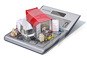 Calculating od delivery shipping and transportation costs. Van with cardboard boxes and shipping container on calculator