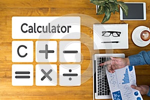 Calculation Business Investment Accounting Banking Budget Calculator , pressing calculator buttons and documents , savings, fin