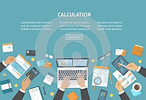 Calculation concept. Tax accounting. Financial analysis analytics, planning statistics research. Businessmen hands on the desk.