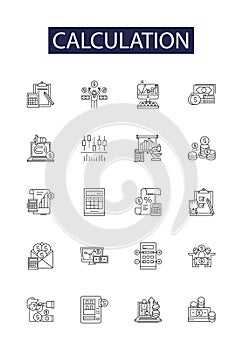 Calculation line vector icons and signs. Calculate, Cogitate, Reckon, Estimate, Figure, Count, Add, Subtract outline photo