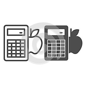 Calculator and apple line and solid icon, Diet concept, counting calories sign on white background, Calorie calculator