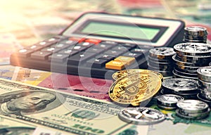 Calculator, Bitcoin and other cryptocurrencies. Fees and taxes on cryptocurrency investments. 3D rendering