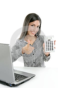 Calculator businesswoman happy for good stats