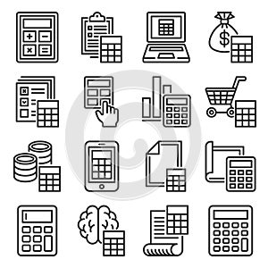 Calculator and Calculation Icons Set on White Background. Line Style Vector