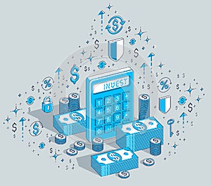 Calculator with cash money stacks and coins piles isolated on white background, invest concept. Isometric 3d vector finance illus