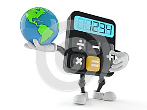 Calculator character holding world globe