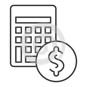 Calculator with coin thin line icon. Budget, money saving symbol, outline style pictogram on white background. Dollar