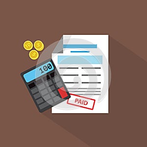 Calculator, coins and debit list, vector flat