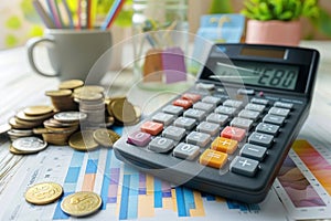 Calculator and coins on a wooden table with cup and plant in an office setting