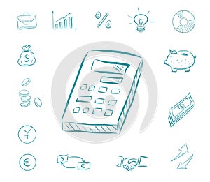 Calculator count icon finance set. Business icons with piggy bank, charts, money exchange, businessman handshake, idea