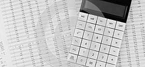 Calculator on financial statement. Financial and business concept. Top view