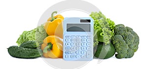 Calculator and food products on white background. Weight loss concept