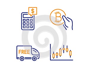 Calculator, Free delivery and Bitcoin pay icons set. Candlestick graph sign. Vector