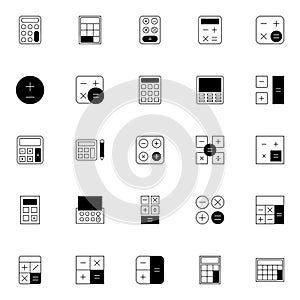 Calculator glyph outline icons set. simple collection of calculation solid black icons.