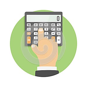 Calculator icon. Hand considers on the calculator