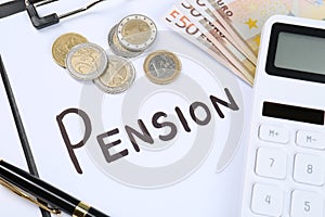 Calculator, money, clipboard with paper sheet and pen on white background, top view. Retirement concept