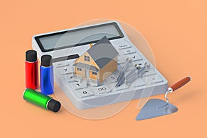 Calculator near building and tools on orange background