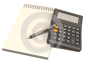 Calculator, notebook and pen