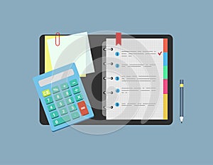 Calculator, notepad, note paper and pencil lie on the table. Concept of planning , analysis. Vector illustration.