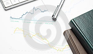 Calculator with pen on financial data. Concept of Business and Finance research