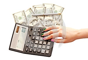 Calculator, pen, money and hand