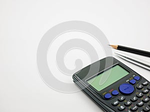 Calculator,pen and pencil on white background