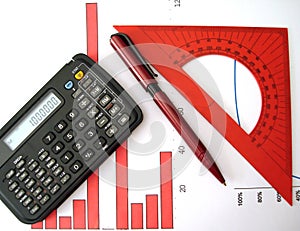 Calculator, pen, ruler