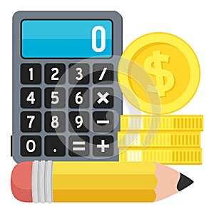 Calculator, Pencil & Coins Flat Icon on White