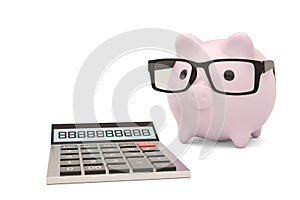 Calculator and piggy bank on white background.3D illustration