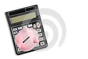 Calculator and piggy bank white background.Concept family budget and business