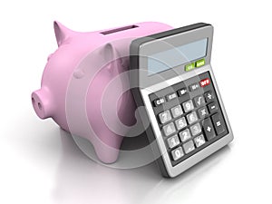 Calculator and piggy money bank on white background