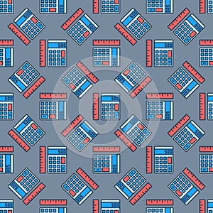 Calculator with Ruler vector Mathematics colored seamless pattern