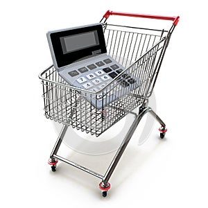 Calculator in shopping trolley cart on white.Financial