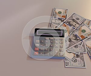 calculator on top of stack of money bills 100 US dollar