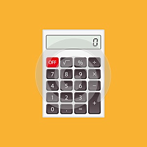 Calculator, white calculator with gray and red buttons isolated on yellow background